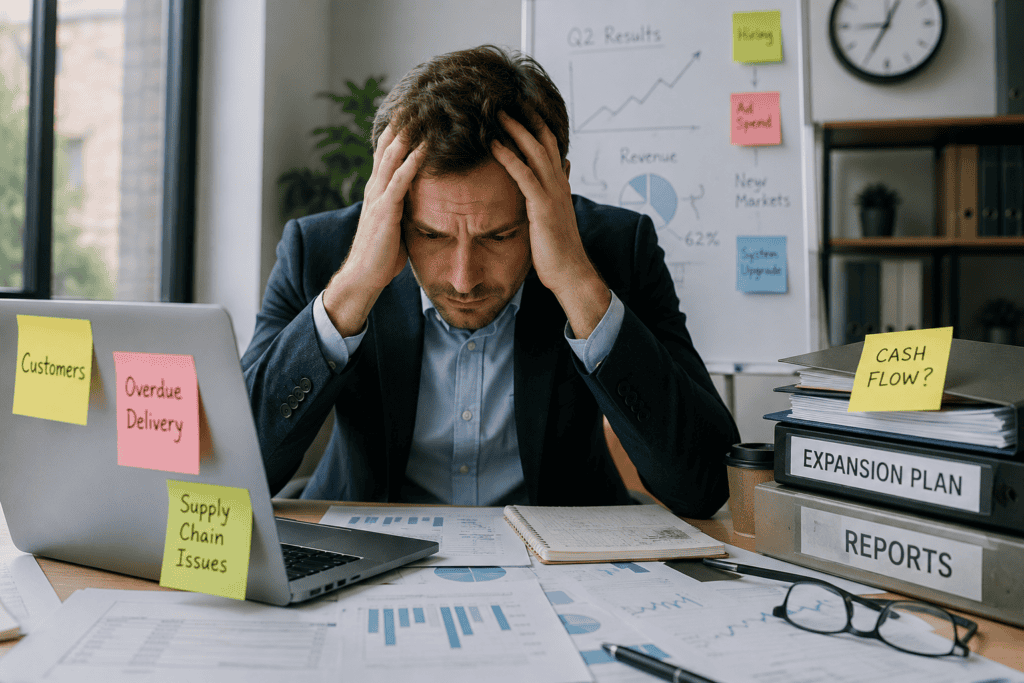 The Commercial Cliff: Avoiding the Growth Trapping of Rapid Expansion Without Grassroots Infrastructure Business executive stressed in a modern office while managing rapid company growth and operational challenges before reaching the commercial cliff.