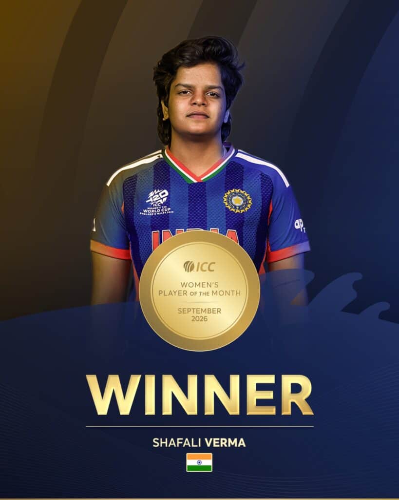 Shafali Verma Wins Second ICC Women’s Player of the Month Award After Stellar September Shafali Verma Wins Second ICC Player of the Month Award