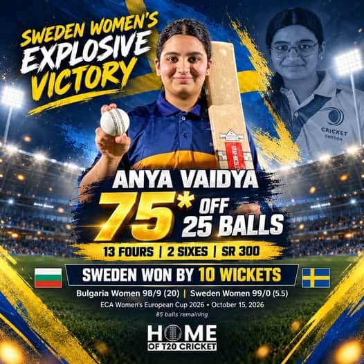 Anya Vaidya Smashes 75 Off 25 Balls as Sweden Women Crush Bulgaria by 10 Wickets Anya Vaidya's 75 Powers Sweden to 10-Wicket Win